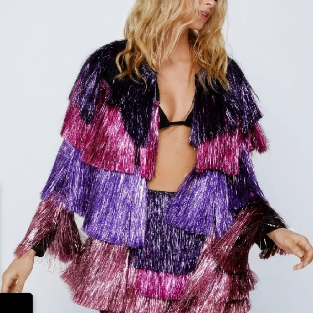 Nasty Gal Fringe Jacket - M (8) Purple Pink